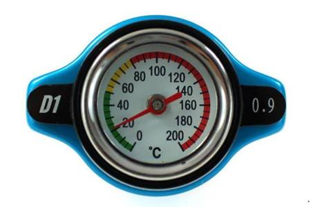 D1Spec Radiator cap with thermometer 15mm 0.9 Bar Blue