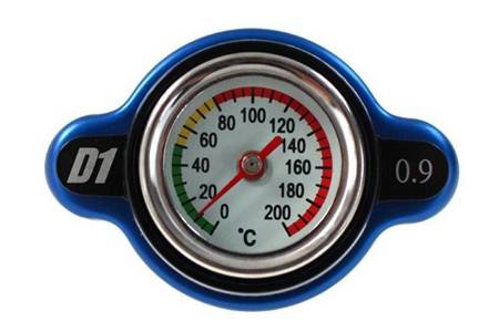 D1Spec Radiator cap with thermometer 28mm 0.9 Bar Blue