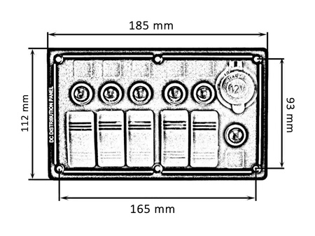 Switch panel ALU, ON-OFFx5, 1xGZ, BA 3x5A 2x10A 1x15A IP68