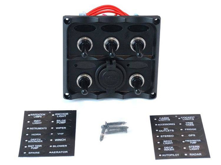 Switch Panel 12V SPST/ON-OFFx5, 2xUSB, 3B 15A IP68