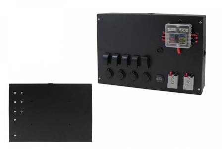 Panel przełączników Box ALU, ON-OFFx5, 3xGZ, USB 3.1A, 1x Voltomierz 6 Bezpieczników IP68